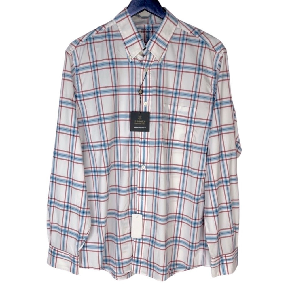 *NWT Brooks Brothers
Performance White Blue Red Plaid Button-Down Shirt Sz Large